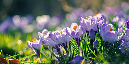 Purple crocus flowers blossom in springtimeの素材