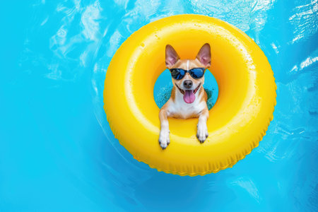 Happy dog wearing sunglasses swimming with swimming ring in the poolの素材