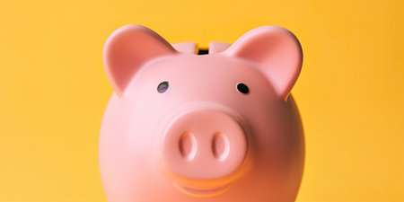 Close-up of smiling piggy bank on yellow backgroundの素材