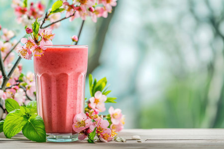 Glass with smoothie on the wooden table with spring cherry flowersの素材