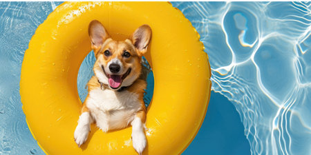 Happy corgi dog swimming with swimming ring in the poolの素材