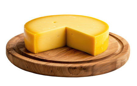 Cheese on round cutting board isolated on white backgroundの素材