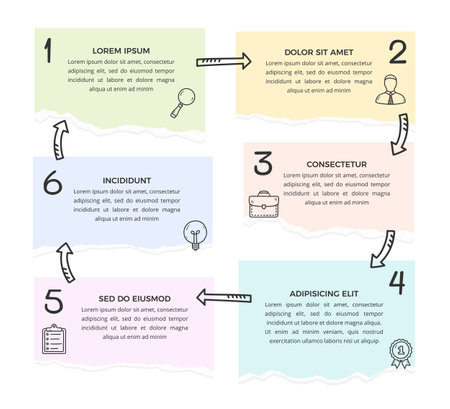 Infographic template with six paper notes connected with hand drawn arrows, circle diagram, vector illustrationのイラスト素材