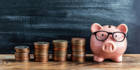 Piggy bank standing on the table with stacks of coins nearby and school blackboard backgroundの素材