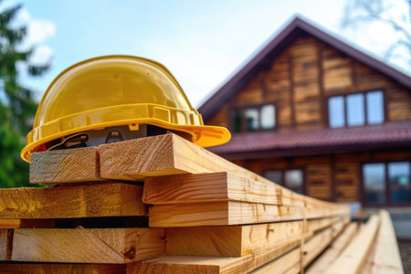 Close-up of planks and a yellow safety helmet with a wooden house on backgroundの素材
