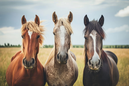 Three horses in the fieldの素材
