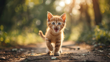 Orange kitten walking and meowing on a trail in the forestの素材