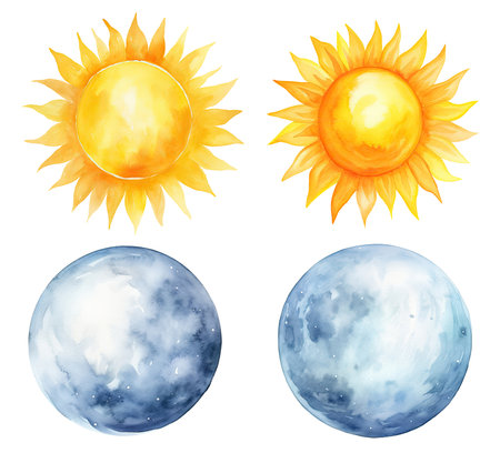 Watercolor illustration of a sun and moon isolated on white backgroundの素材