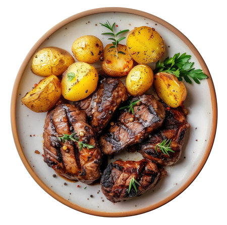 Grilled meat with potatoes on the plate isolated on white background, top viewの素材