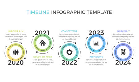 Timeline infographics template with five circles with place for your icons and text, vector illustrationのイラスト素材