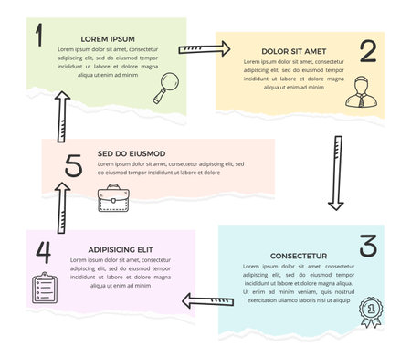 Infographic template with five paper notes connected with hand drawn arrows, circle diagram, vector illustrationのイラスト素材
