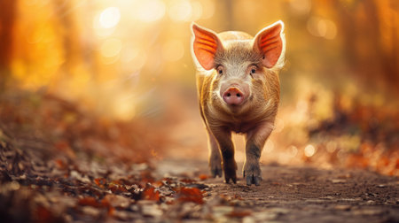 Piglet is walking on a path in autumn forestの素材