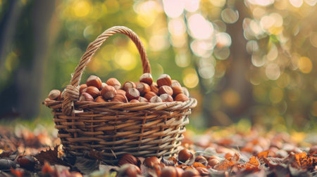 Wicker basket with hazelnuts in the forest in autumnの素材