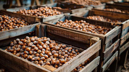 Harvest of hazelnuts in wooden cratesの素材