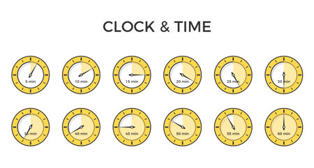 Yellow clock icons with different time, flat design, vector illustrationのイラスト素材