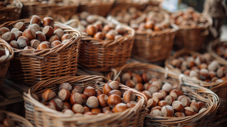 Crop of in-shell hazelnuts in wicker basketsの素材