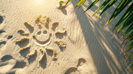 Sun with smiling face drawn on sandy beach with palm leavesの素材