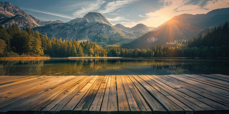 Wooden pier on the lake with the view of the mountains and forest at sunsetの素材