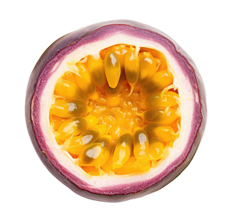 Halved passion fruit isolated on white backgroundの素材