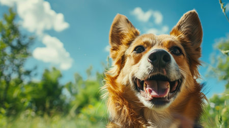 Portrait of a happy dog on nature backgroundの素材