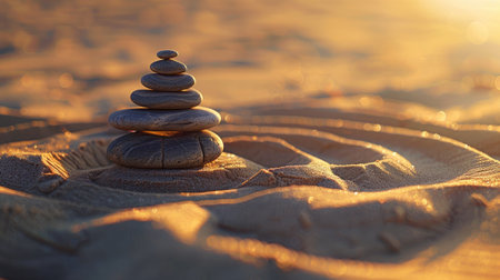 Top view of zen stones pyramid on the sandy beachの素材