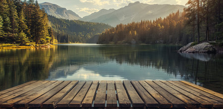 Lake in the forest with a wooden pier in front and mountains as backgroundの素材