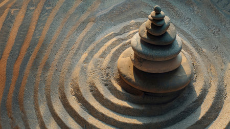 Top view of zen stones pyramid on the sandy beach with circles drawn around itの素材