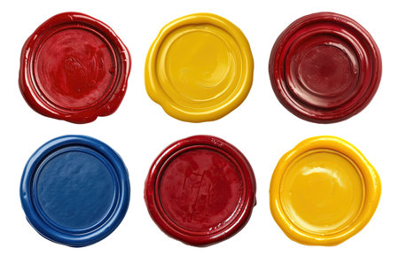 Red, yellow and blue wax seals isolated on white background, top viewの素材