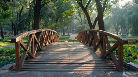 Beautiful wooden bridge in the park at summer dayの素材
