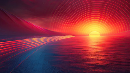 Abstract nature scene with sun on horizon and orange lines moving over the sea on sunsetの素材