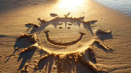 Sun with smiling face drawn on the sand on the beach near the seaの素材