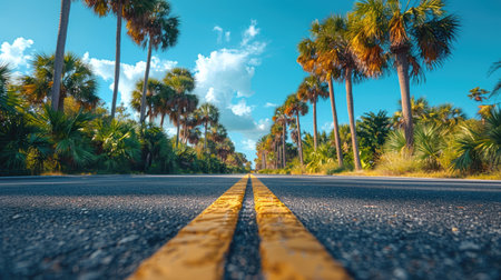 Close-up of an asphalt road with the palm trees on both sidesの素材