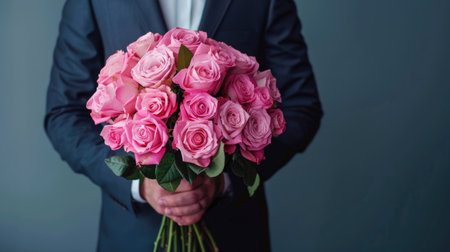 Man holding a big bouquet of pink rosesの素材