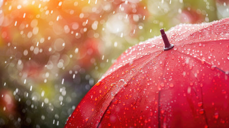 Close-up of red umbrella open in the rain in summer dayの素材