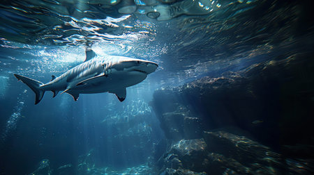 Shark in the ocean with the sun shining through the waterの素材