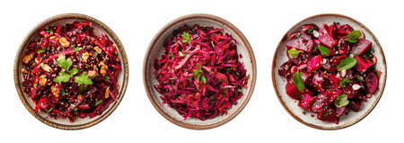 Three bowls with beetroot salad isolated on white background, top viewの素材