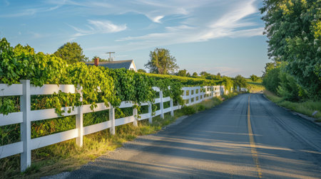 Asphalt road in the countryside with white fence and house on backgroundの素材