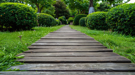 Straight wooden walkway in the park with green lawn, trees and bushes, landscape designの素材