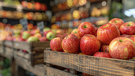 Wooden crate with seasonal apples in the storeの素材