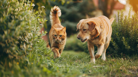 Cat and a dog walking together in the yardの素材
