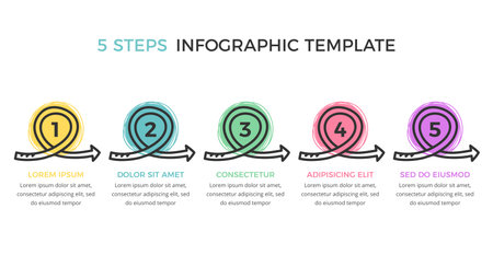 Five hand drawn arrows with circles, infographic template with place for your text, vector eps10 illustrationのイラスト素材