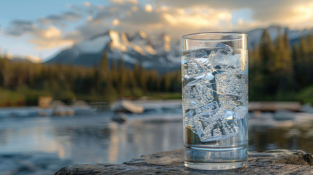 Glass of water with ice cubes in it standing on a stone next to a riverの素材