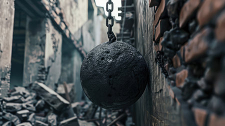 Big stone wrecking ball breaking the brick wallの素材