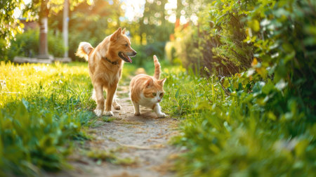 Cat and a dog walking together in the yardの素材
