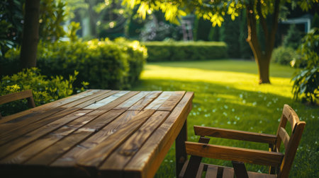 Close-up of empty wooden table with chair in backyard with green lawn on dawnの素材
