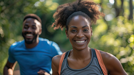 Happy african american woman and man running in a forestの素材