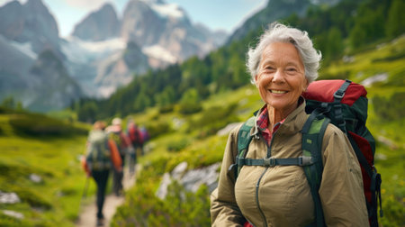 Portrait of a senior woman trekking with a group in mountainsの素材