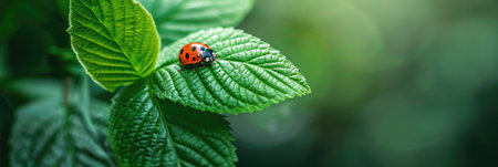 Ladybug sitting on a leaf of green plantの素材