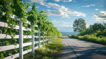 White fence along the road in countrysideの素材