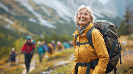 Happy elderly woman hiking with a group in mountainsの素材